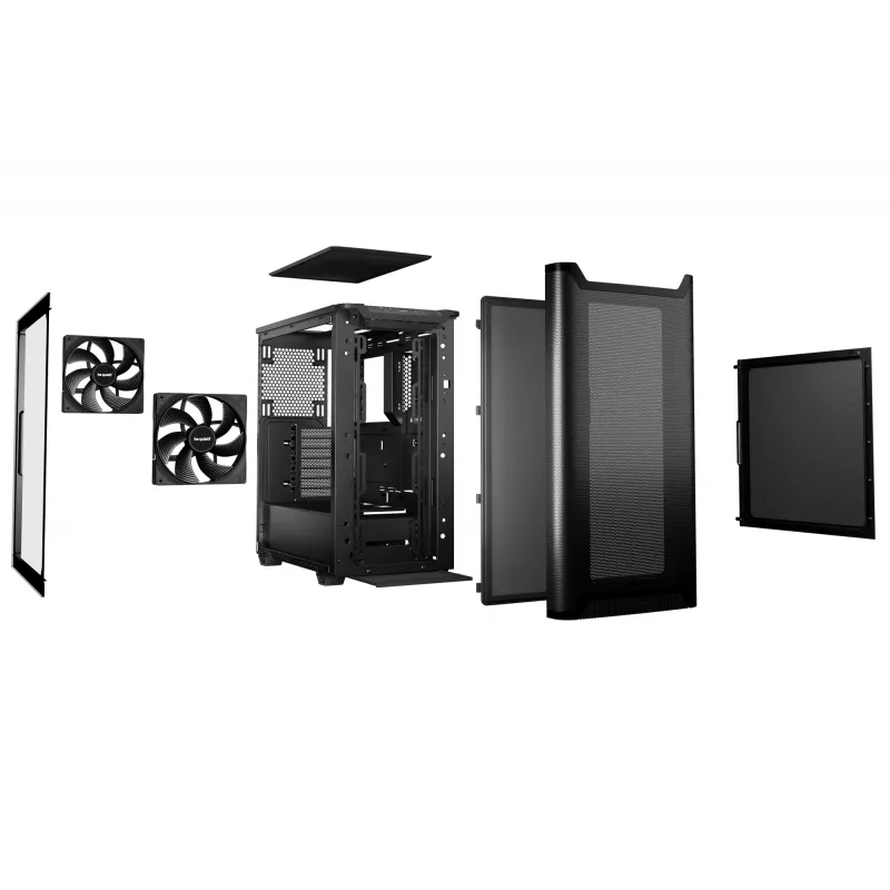 Korpusas bequiet! PURE BASE 501 Airflow Window MIDI bokštas — ATX, grūdintas stiklas, 3x140/240mm palaikymas, 2x3,5 colio + 5x2,5 colio, USB-A x2, USB-C x1