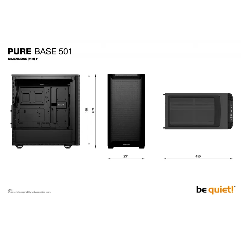 Korpusas bequiet! PURE BASE 501 Airflow Window MIDI bokštas — ATX, grūdintas stiklas, 3x140/240mm palaikymas, 2x3,5 colio + 5x2,5 colio, USB-A x2, USB-C x1