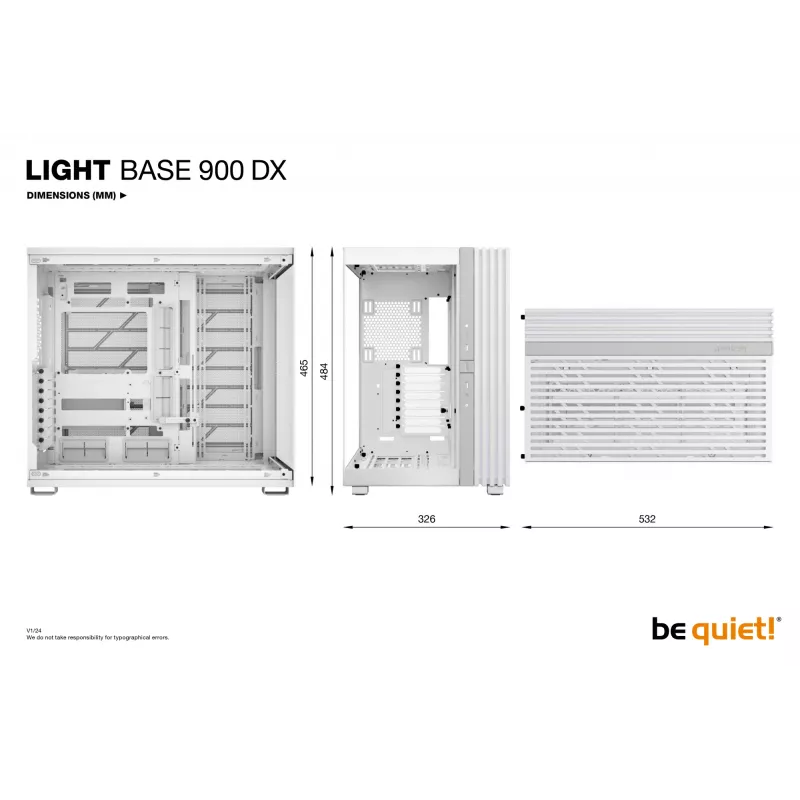 PC korpusas be quiet! LIGHT BASE 900 DX White Full Tower – ATX/EATX, stiklinis šonas, RGB, GPU iki 495 mm, aušintuvas iki 190 mm