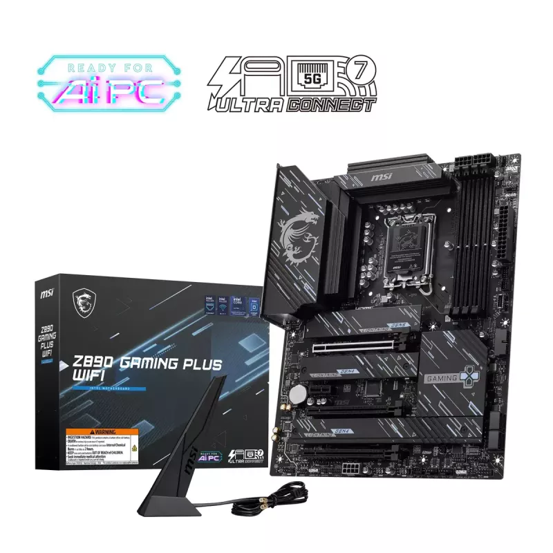 Motininė plokštė MSI Z890 GAMING PLUS WIFI – Intel Z890, LGA 1851, ATX, DDR5, 4x DIMM, Wi‑Fi 7, 5Gb LAN, 4x M.2