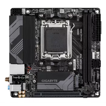 GIGABYTE B650I AX pagrindinė plokštė – AMD Ryzen 9000 serijos procesoriams, 5+2+1 fazių VRM, iki 6400 MHz DDR5 (OC), 1xPCIe 4.0 M.2, 2,5GbE LAN, Wi-Fi 6E, USB 3.2 Gen 2