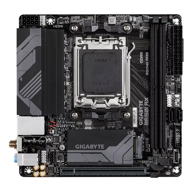 GIGABYTE B650I AX pagrindinė plokštė – AMD Ryzen 9000 serijos procesoriams, 5+2+1 fazių VRM, iki 6400 MHz DDR5 (OC), 1xPCIe 4.0 M.2, 2,5GbE LAN, Wi-Fi 6E, USB 3.2 Gen 2