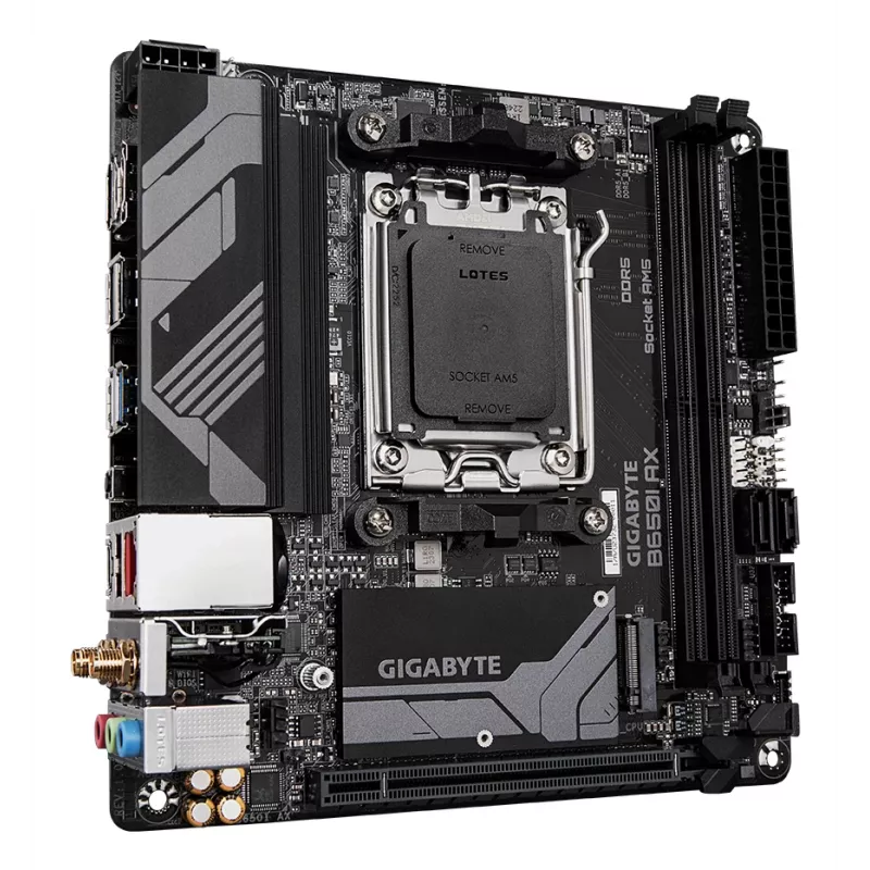 GIGABYTE B650I AX pagrindinė plokštė – AMD Ryzen 9000 serijos procesoriams, 5+2+1 fazių VRM, iki 6400 MHz DDR5 (OC), 1xPCIe 4.0 M.2, 2,5GbE LAN, Wi-Fi 6E, USB 3.2 Gen 2