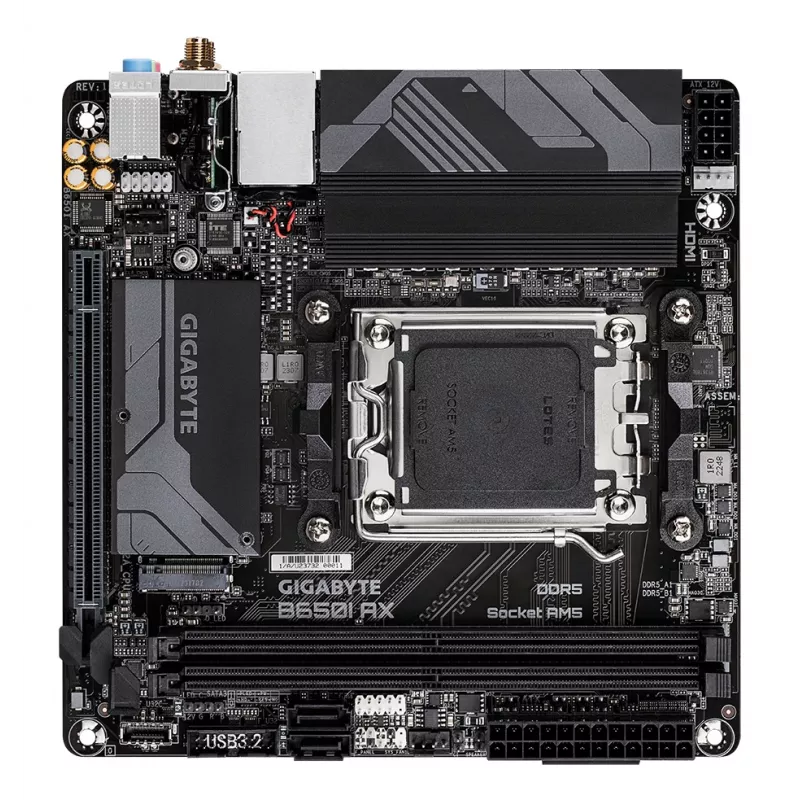 GIGABYTE B650I AX pagrindinė plokštė – AMD Ryzen 9000 serijos procesoriams, 5+2+1 fazių VRM, iki 6400 MHz DDR5 (OC), 1xPCIe 4.0 M.2, 2,5GbE LAN, Wi-Fi 6E, USB 3.2 Gen 2