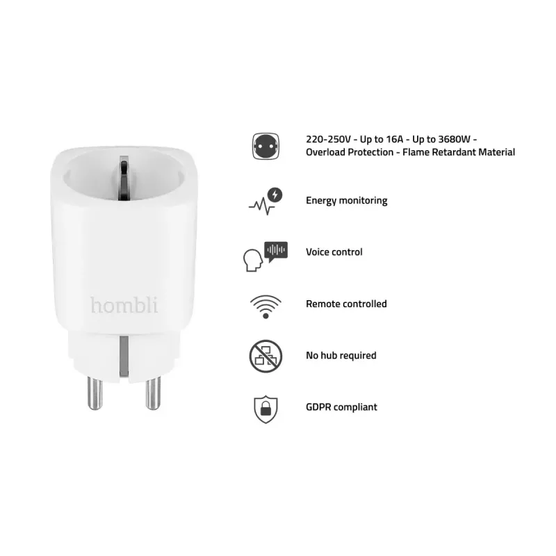 Hombli Smart Socket EU išmanusis kištukas (Wi‑Fi, 220–250 V, 50–60 Hz, 3540 W, vidaus, baltas)