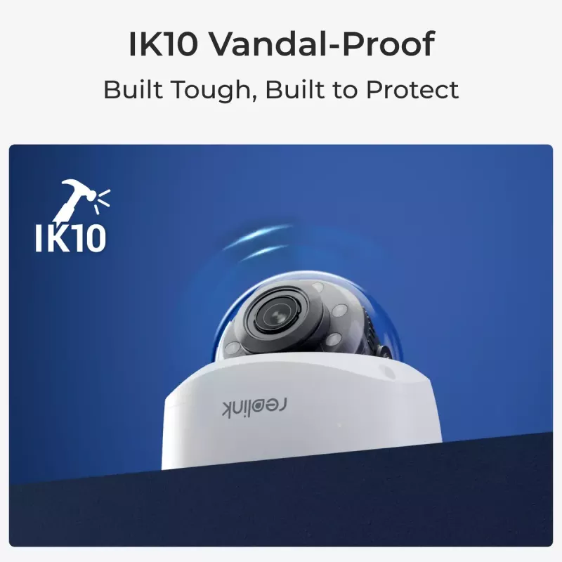 IP stebėjimo kamera Reolink P437 4K kupolinė, 8 MP 3840x2160, 5x optinis priartinimas, PoE (IEEE 802.3af), IK10, IP67, MicroSD iki 256 GB