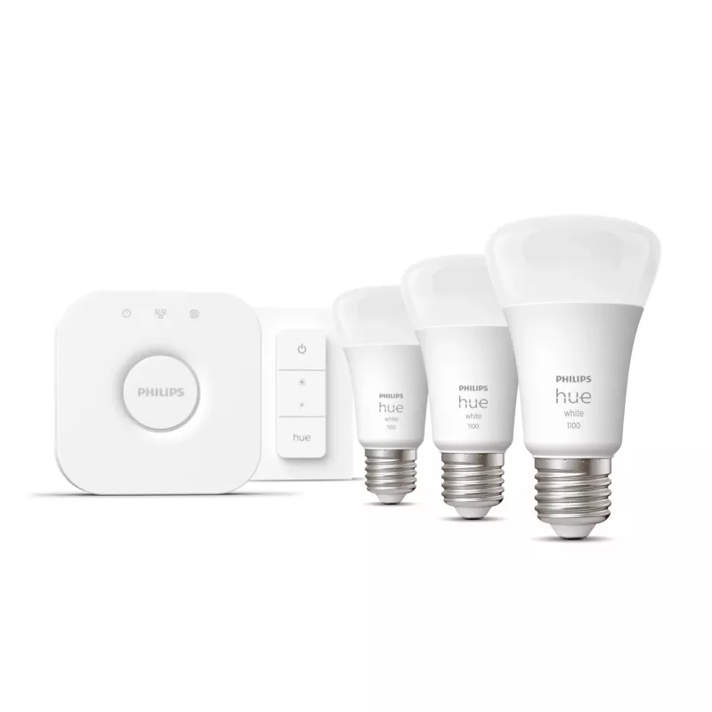 Philips Hue White Starter kit: 3 išmaniosios E27 lemputės (1100 liumenų) + reguliatorius