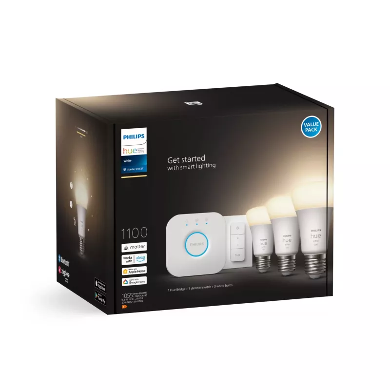 Philips Hue White Starter kit: 3 išmaniosios E27 lemputės (1100 liumenų) + reguliatorius