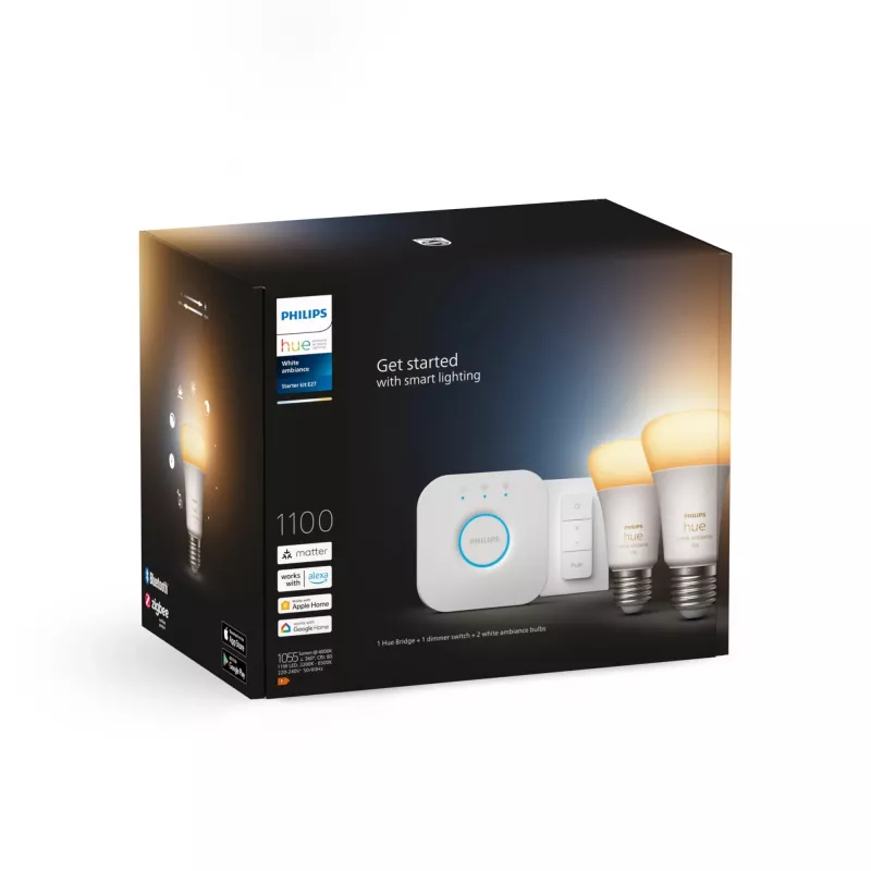 Philips Hue White Ambience pradinis rinkinys: 2 E27 išmanios lemputės (1100 liumenų) + reguliatorius