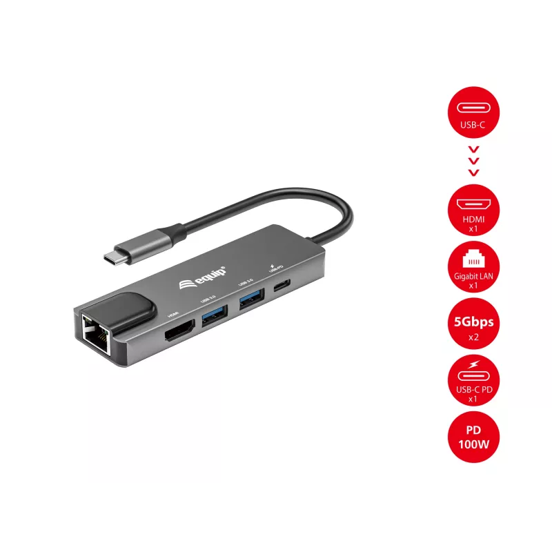 Equip USB-C 5 in1 Multifunkcinis adapteris, HDMI, Gigabit LAN, USB 3.2 GEN1, 100W USB PD