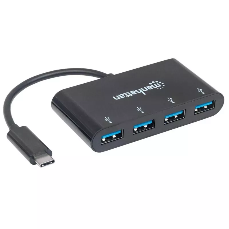 Manhattan USB-C Dock/Hub HB30C4AB, 4× USB-A, USB 3.2 Gen1 (5 Gbps), maitinamas per USB, 20 cm kabelis