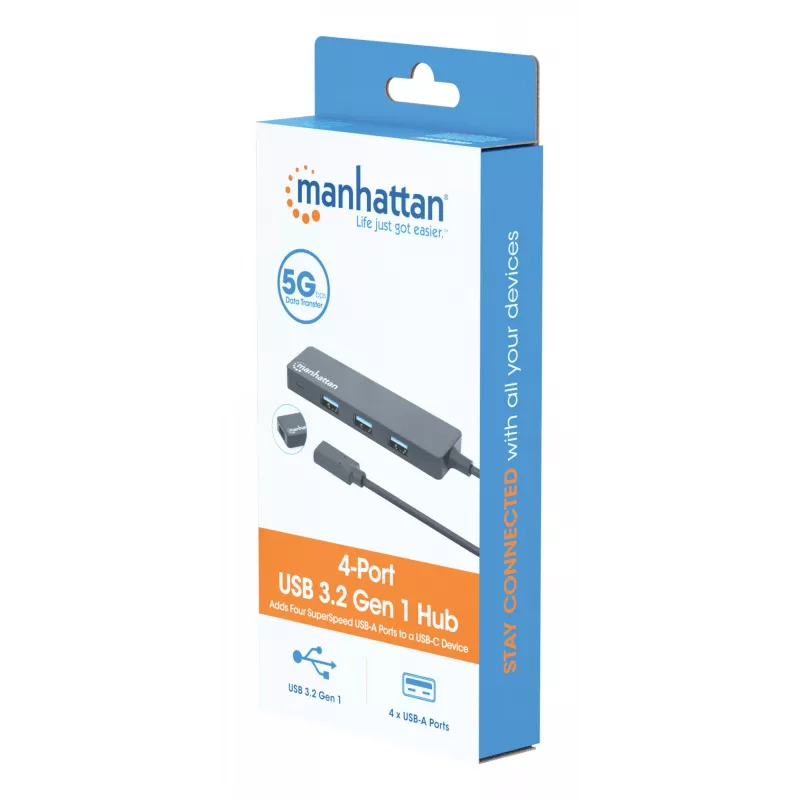Manhattan USB-C stotelė / USB-C centras, 4× USB-A, 5 Gbps (USB 3.2 Gen1), maitinama per USB