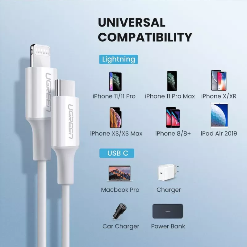 Ugreen 10493 USB-C į Lightning laidas 1 m Baltas
