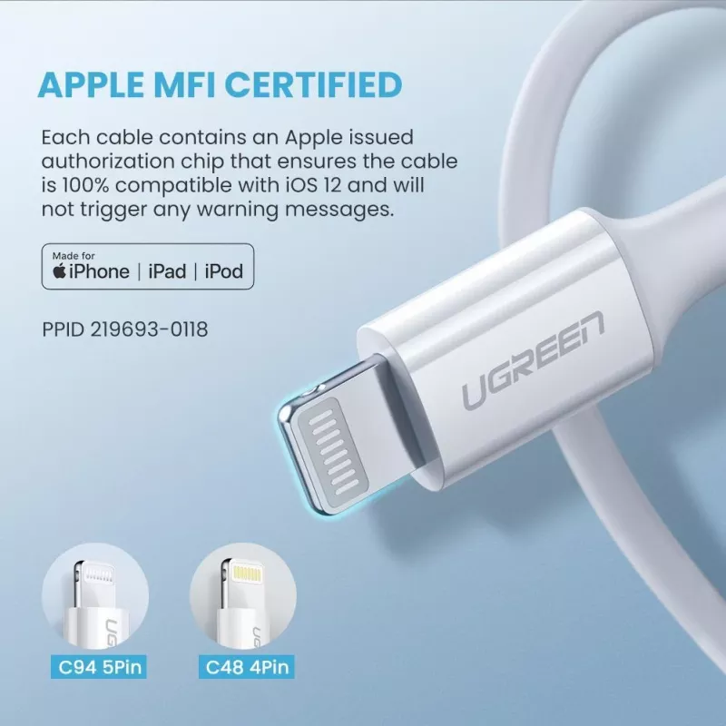 Ugreen 10493 USB-C į Lightning laidas 1 m Baltas