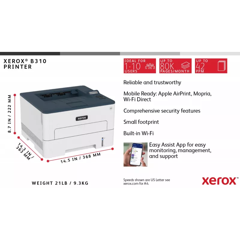 Xerox B310 A4 40ppm belaidis dvipusis spausdintuvas PS3 PCL5e/6 2 padėklai iš viso 350 lapų