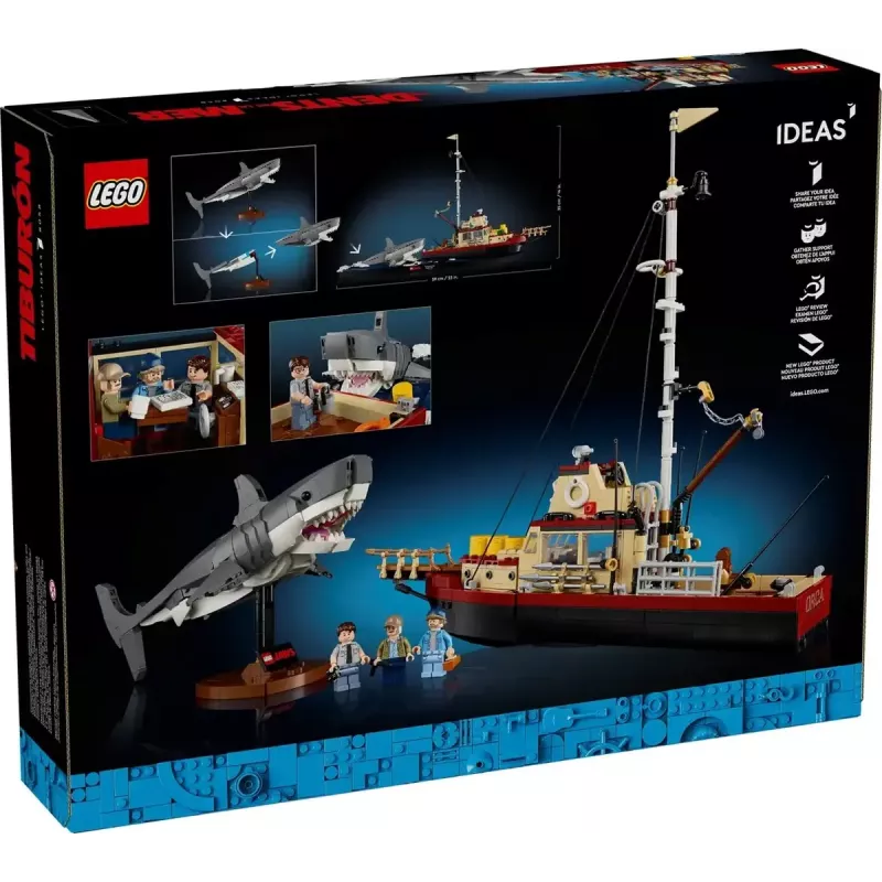 Statybinis žaislas LEGO Ideas 21350 Jaws rinkinys – 1497 dalių, 3 minifigūrėlės, valtis ir ikoniškas ryklys, rekomenduojamas amžius 18+