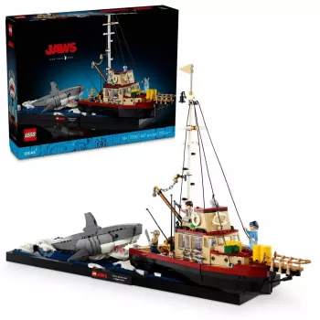 Statybinis žaislas LEGO Ideas 21350 Jaws rinkinys – 1497 dalių, 3 minifigūrėlės, valtis ir ikoniškas ryklys, rekomenduojamas amžius 18+