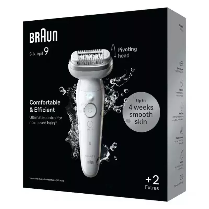 Epiliatorius BRAUN 9-011 3D Silk-epil 9 Flex Wet & Dry — 40 pincetų, baterija, masažas, Baltas/Pilka