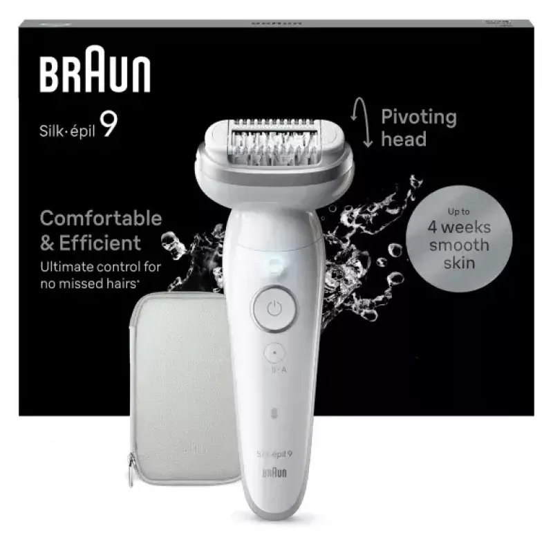 Epiliatorius BRAUN 9-011 3D Silk-epil 9 Flex Wet & Dry — 40 pincetų, baterija, masažas, Baltas/Pilka