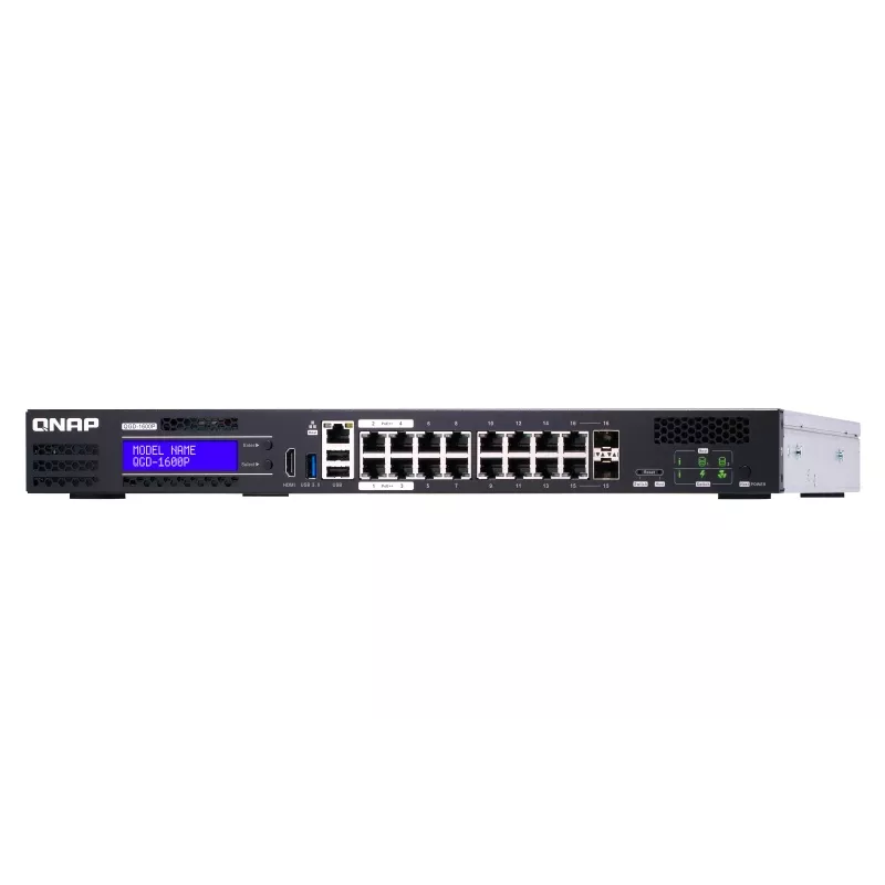QNAP QGD-1600P valdomas Gigabit Ethernet (10/100/1000) jungiklis su PoE 1U juodai pilkas
