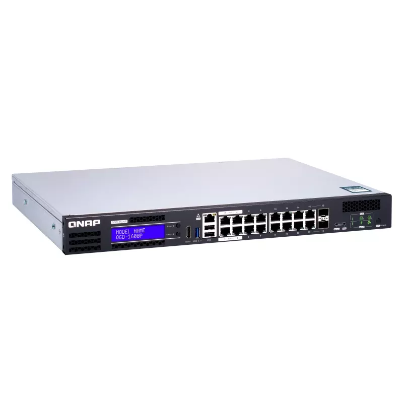 QNAP QGD-1600P valdomas Gigabit Ethernet (10/100/1000) jungiklis su PoE 1U juodai pilkas