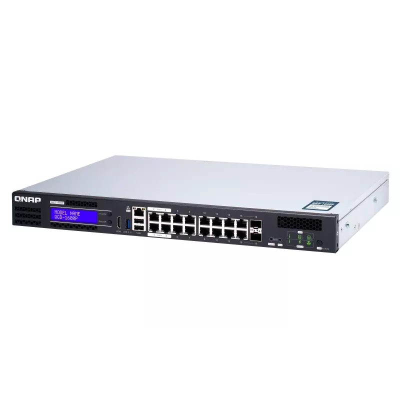 QNAP QGD-1600P valdomas Gigabit Ethernet (10/100/1000) jungiklis su PoE 1U juodai pilkas