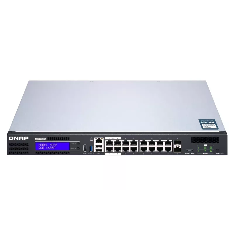 QNAP QGD-1600P valdomas Gigabit Ethernet (10/100/1000) jungiklis su PoE 1U juodai pilkas