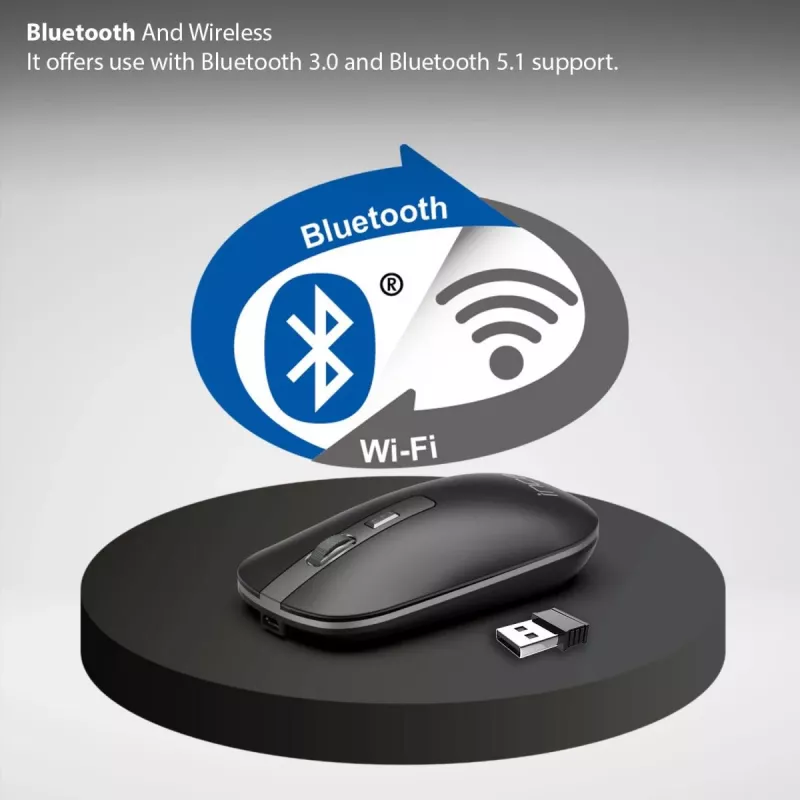 INCA IWM-531RA belaidė Bluetooth ir RF 2,4 GHz pelė – 1600 DPI, tylios jungtys, juoda/sidabrinė