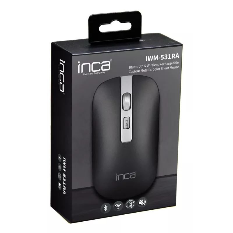 INCA IWM-531RA belaidė Bluetooth ir RF 2,4 GHz pelė – 1600 DPI, tylios jungtys, juoda/sidabrinė