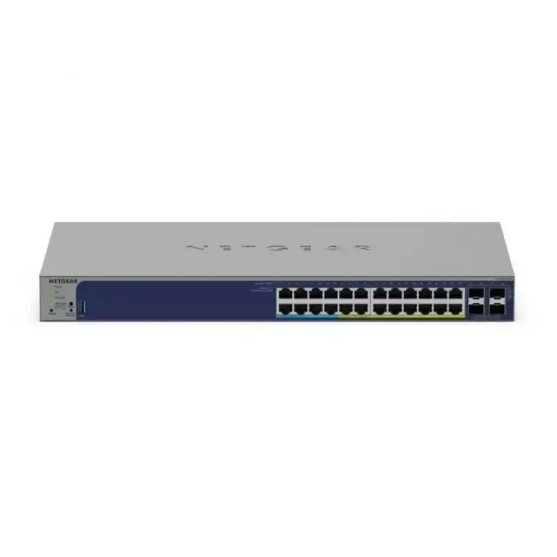 Valdomas Gigabit PoE jungiklis Netgear GS728TXUP — 24 × 10/100/1000 RJ-45, 128 Gbps, 1U, montuojamas į stelažą