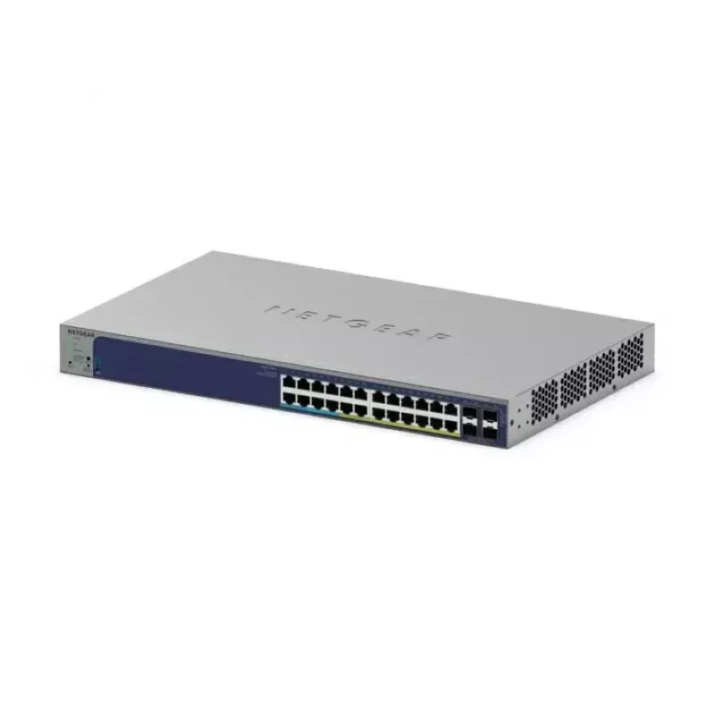 Valdomas Gigabit PoE jungiklis Netgear GS728TXUP — 24 × 10/100/1000 RJ-45, 128 Gbps, 1U, montuojamas į stelažą