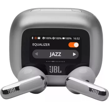 JBL Live Flex 3 belaidės ausinės į ausis, skirtos pokalbiams, muzikai, sportui, kasdieniam naudojimui, sidabrinės