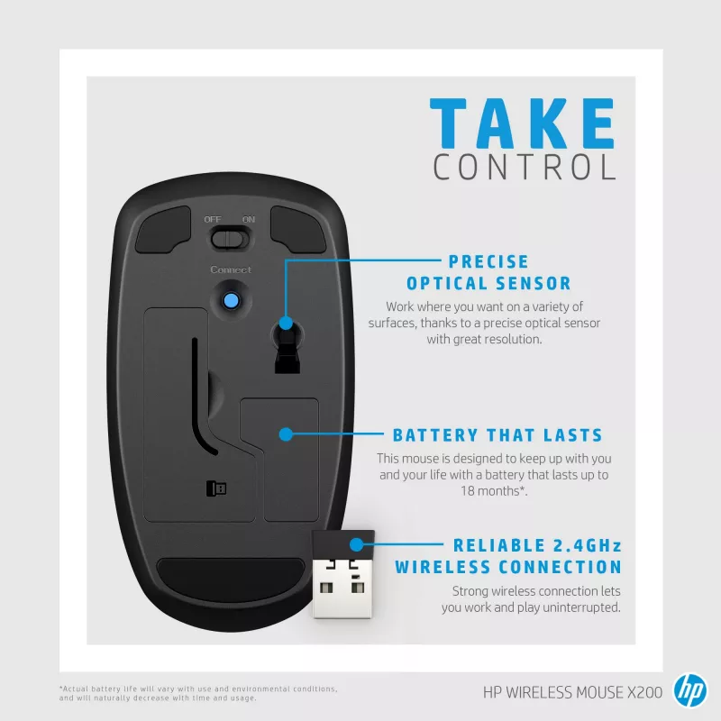 HP Wireless Mouse X200, Ambidextrinė, Optinė, RF belaidė, 1600 DPI, Juoda