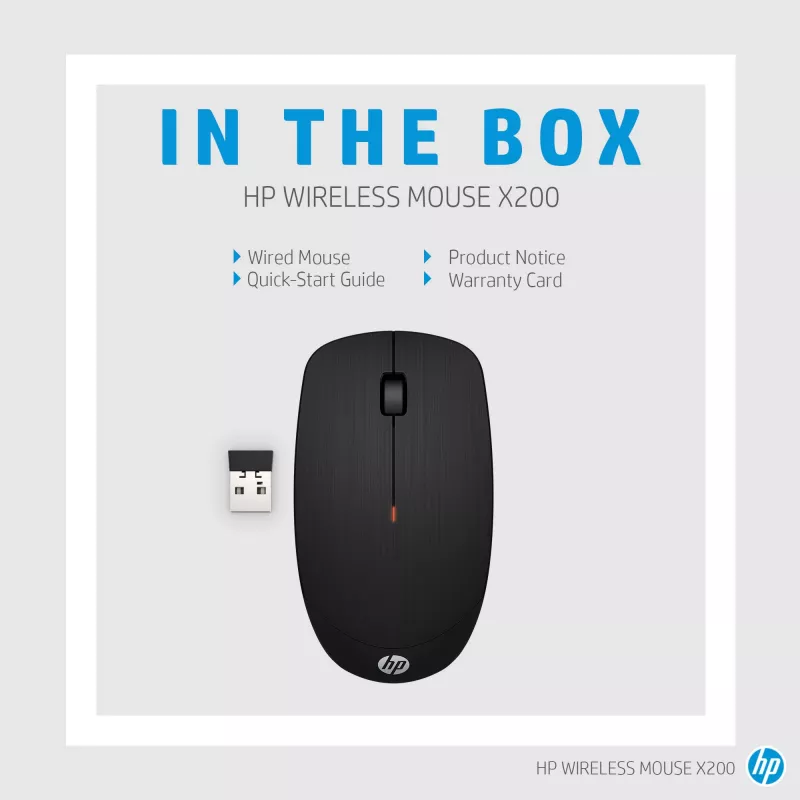 HP Wireless Mouse X200, Ambidextrinė, Optinė, RF belaidė, 1600 DPI, Juoda