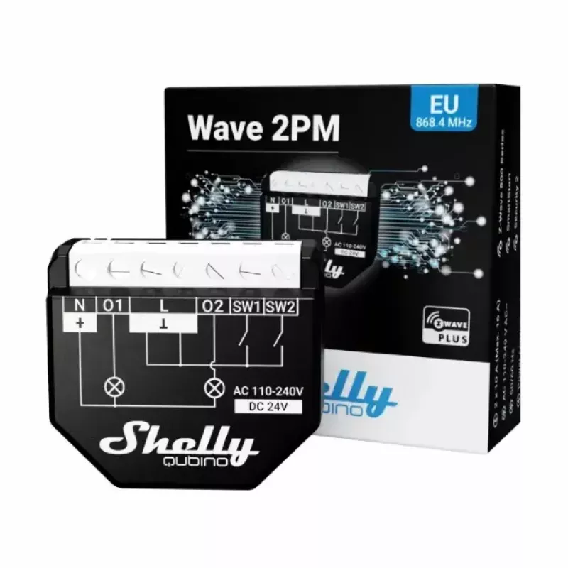 Išmanusis jungiklis Shelly WAVE 2PM Black (Shelly) – belaidis Z-Wave, 16 A, 110–240 V, 868,4 MHz