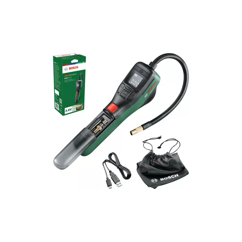 Belaidis elektrinis siurblys Bosch 0.603.947.000 (EasyPump) – nešiojamas, 10 bar, 3000 mAh, USB-C, 10 l/min su žarna ir priedais