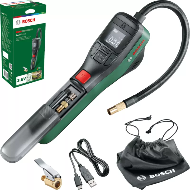 Belaidis elektrinis siurblys Bosch 0.603.947.000 (EasyPump) – nešiojamas, 10 bar, 3000 mAh, USB-C, 10 l/min su žarna ir priedais