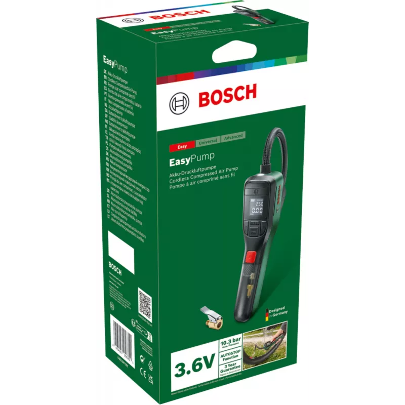 Belaidis elektrinis siurblys Bosch 0.603.947.000 (EasyPump) – nešiojamas, 10 bar, 3000 mAh, USB-C, 10 l/min su žarna ir priedais