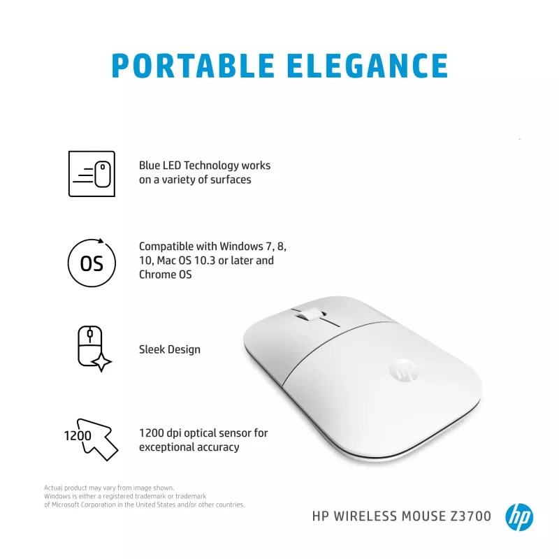 HP Z3700 keraminė balta belaidė pelė, ambidekstrinė, optinė, RF belaidė, 1200 DPI, sidabrinė, balta