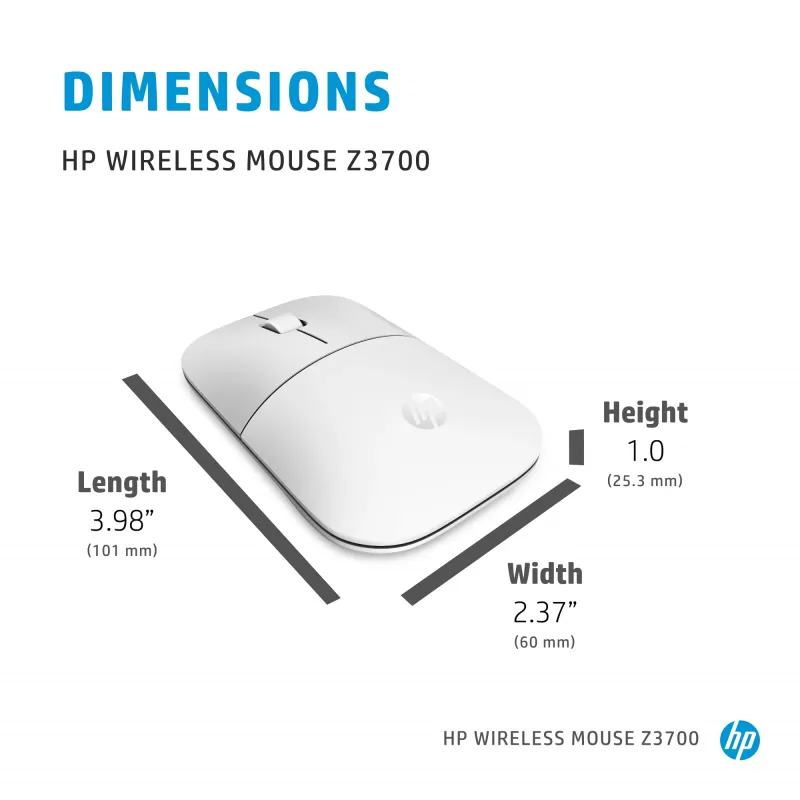 HP Z3700 keraminė balta belaidė pelė, ambidekstrinė, optinė, RF belaidė, 1200 DPI, sidabrinė, balta