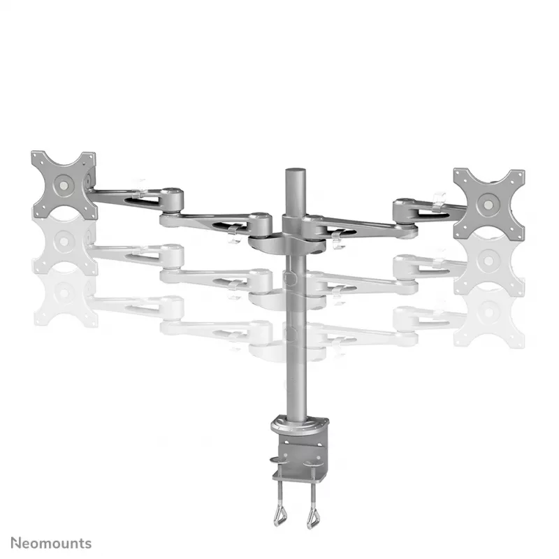 Neomounts FPMA-D935D dviejų monitorių stalo laikiklis, visiškai reguliuojamas, su spaustuvu, 14–27 colių (35,6–68,6 cm), 6 kg ekranui, VESA 75x75/100x100, sidabrinis