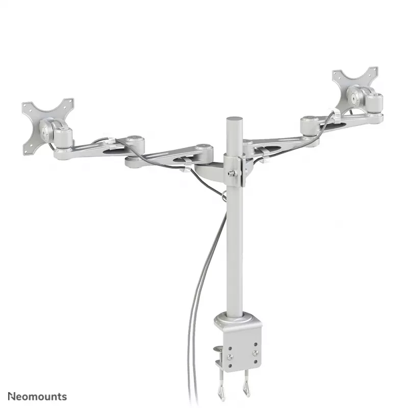 Neomounts FPMA-D935D dviejų monitorių stalo laikiklis, visiškai reguliuojamas, su spaustuvu, 14–27 colių (35,6–68,6 cm), 6 kg ekranui, VESA 75x75/100x100, sidabrinis