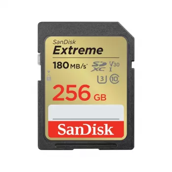 SDXC atminties kortelė SANDISK UHS-I Extreme 256 GB — skaitymas 180 MB/s, rašymas 130 MB/s, U3/V30, 10 klasė