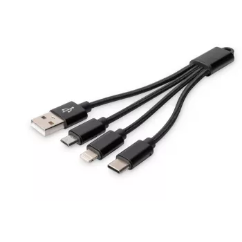 DIGITUS USB įkrovimo laidas USB A - Lightning+micro B+Type-C M/M/M/M 15 cm 3 in 1, pintas, CE, juodas