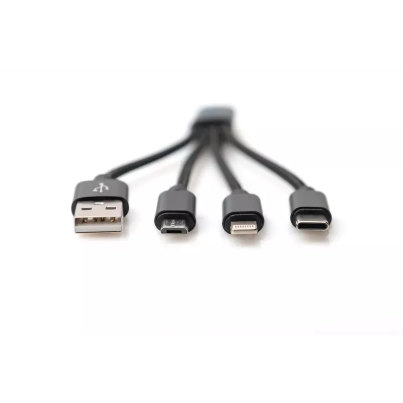 DIGITUS USB įkrovimo laidas USB A - Lightning+micro B+Type-C M/M/M/M 15 cm 3 in 1, pintas, CE, juodas