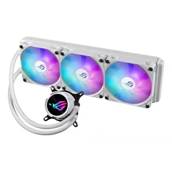 Skysčio aušinimo komplektas ASUS ROG Strix LC III 360 ARGB White Edition — 360 mm radiatorius, 3x 120 mm ARGB ventiliatoriai, LCD ekranas, varinis pagrindas