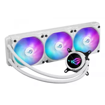 Skysčio aušinimo komplektas ASUS ROG Strix LC III 360 ARGB White Edition — 360 mm radiatorius, 3x 120 mm ARGB ventiliatoriai, LCD ekranas, varinis pagrindas