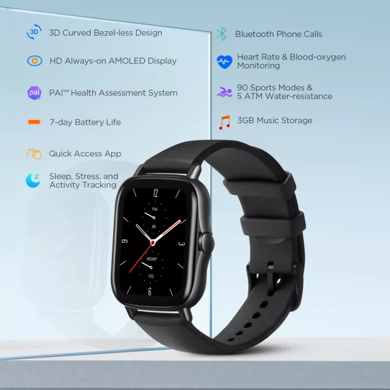 Amazfit GTS 2 4.19 cm (1.65 colio) AMOLED 43 mm Skaitmeninis 348 x 442 pikseliai Liečiamas ekranas Juodas Wi-Fi GPS