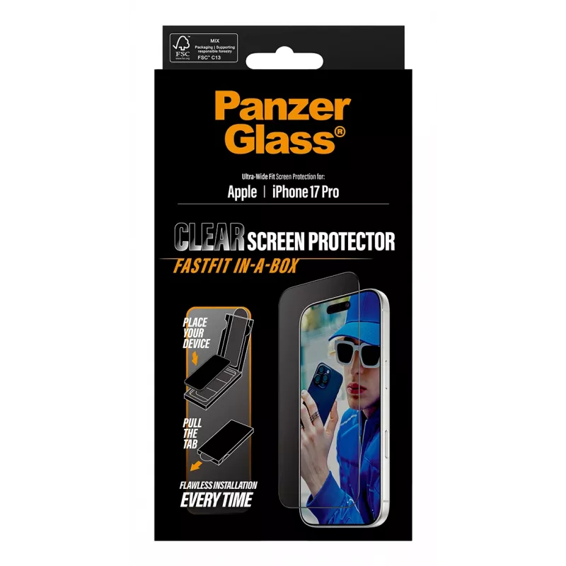 PanzerGlass ® Apsauginis stiklas iPhone 17 Pro | Ultra-Wide Fit su FASTFIT IN-A-BOX