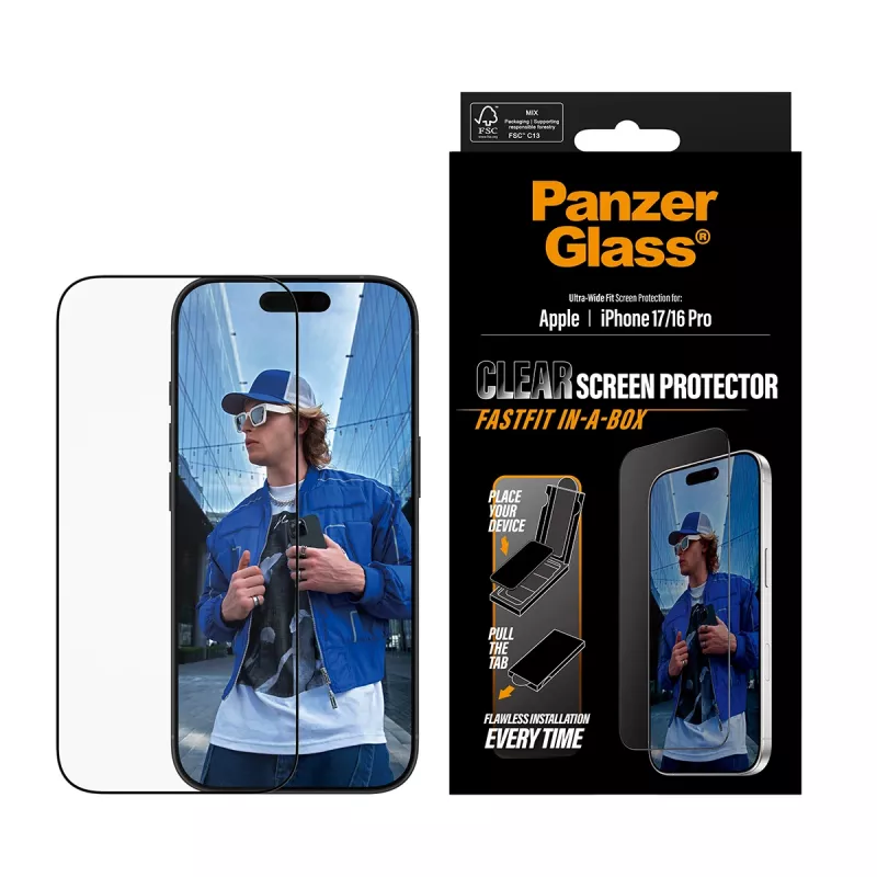 PanzerGlass ® Apsauginis stiklas iPhone 17 | iPhone 16 Pro | Ultra-Wide Fit su FASTFIT IN-A-BOX